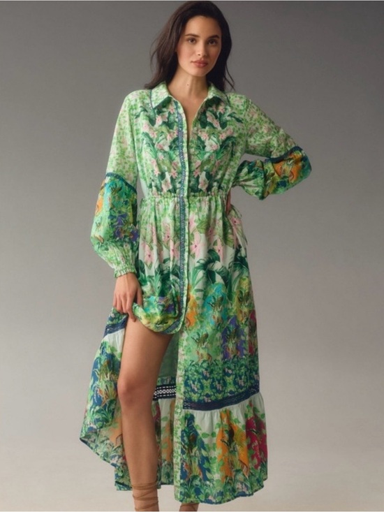 Anthropologie Dresses & Skirts - Anthropologie Eleanora Green Multi Floral High-Low Maxi Shirt Dress